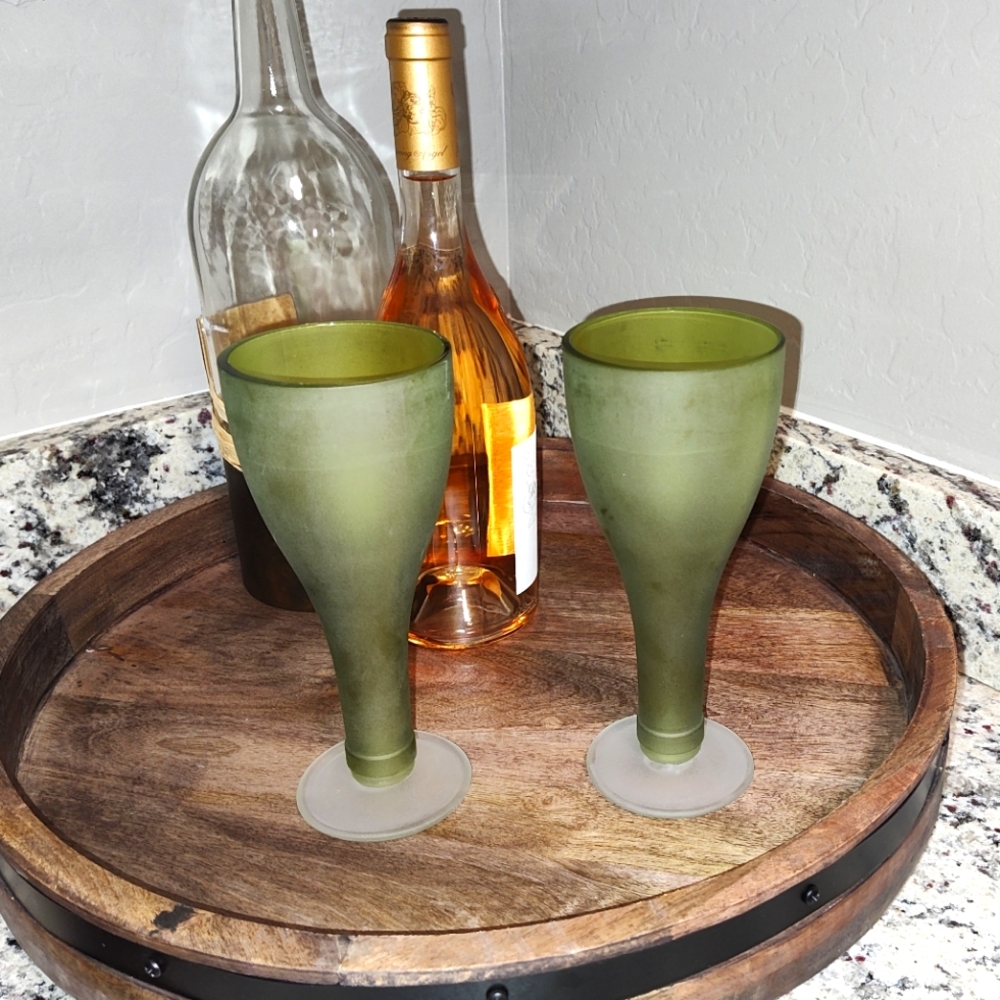 Unique Vintage Recycled African Green Glass Wine Goblets Glasses Set of 2